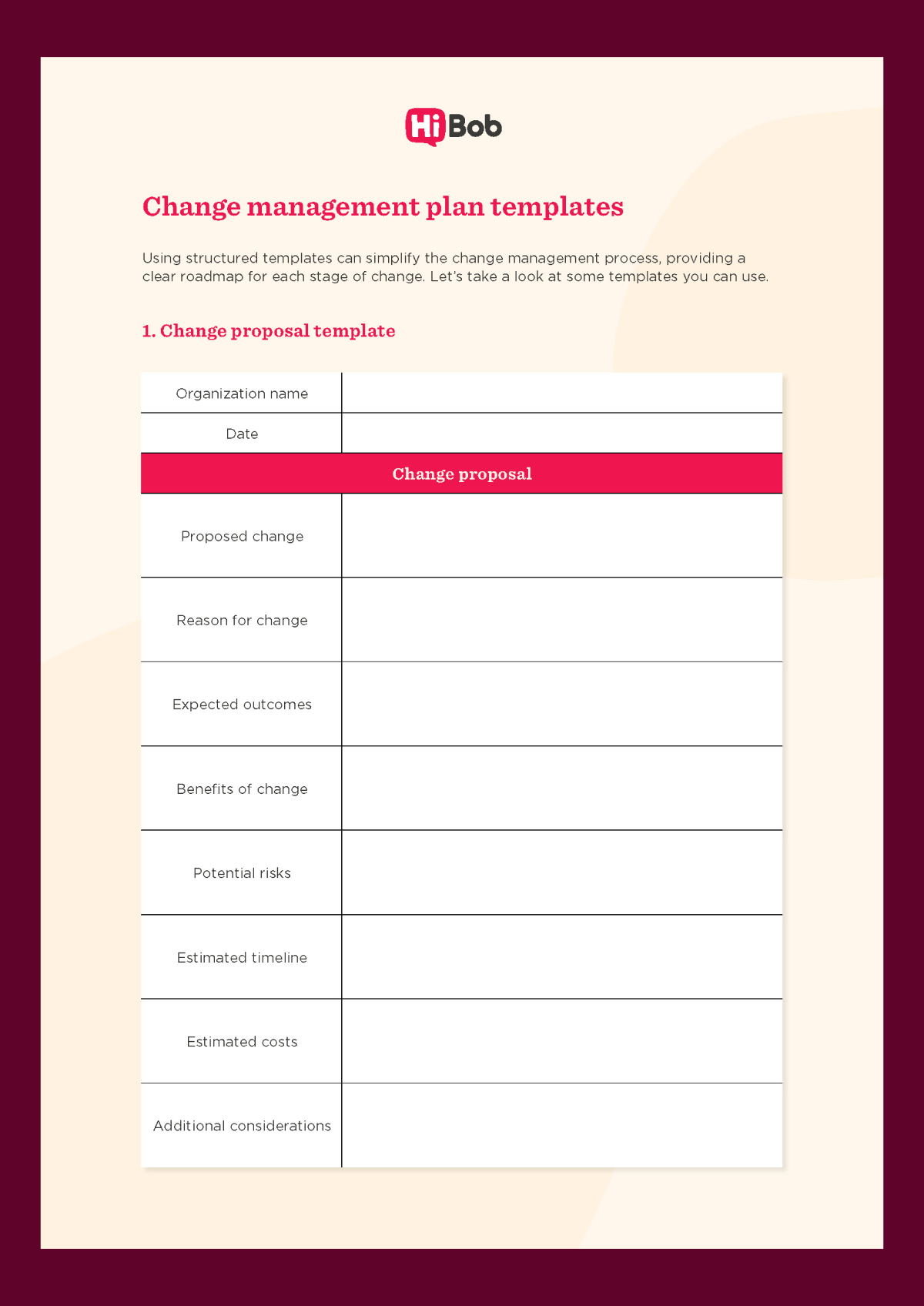 A screenshot of HiBob's change management plan templates