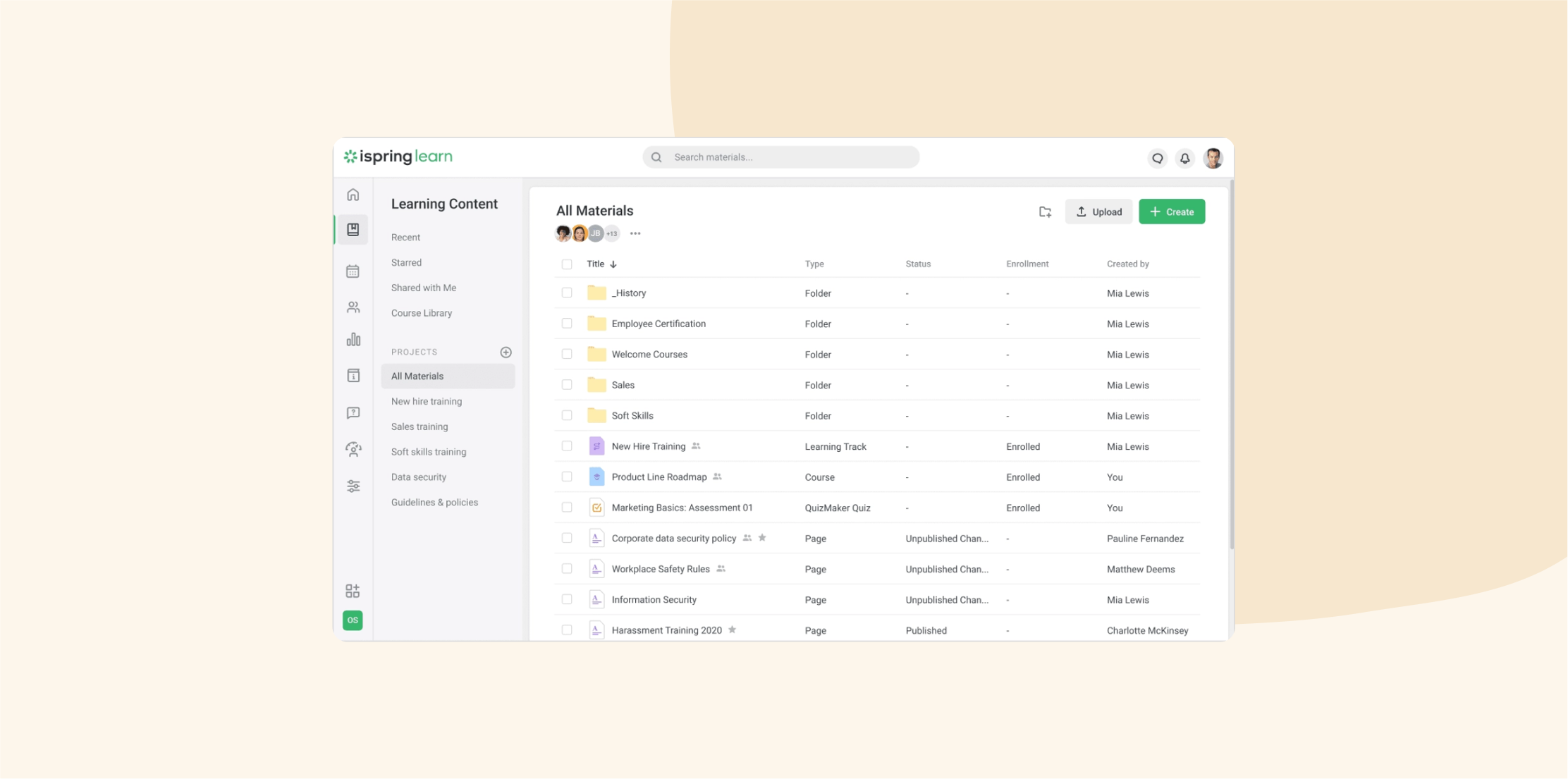 iSpring Learn dashboard displaying a list of learning materials including folders, courses, and quizzes, with sorting and upload options.