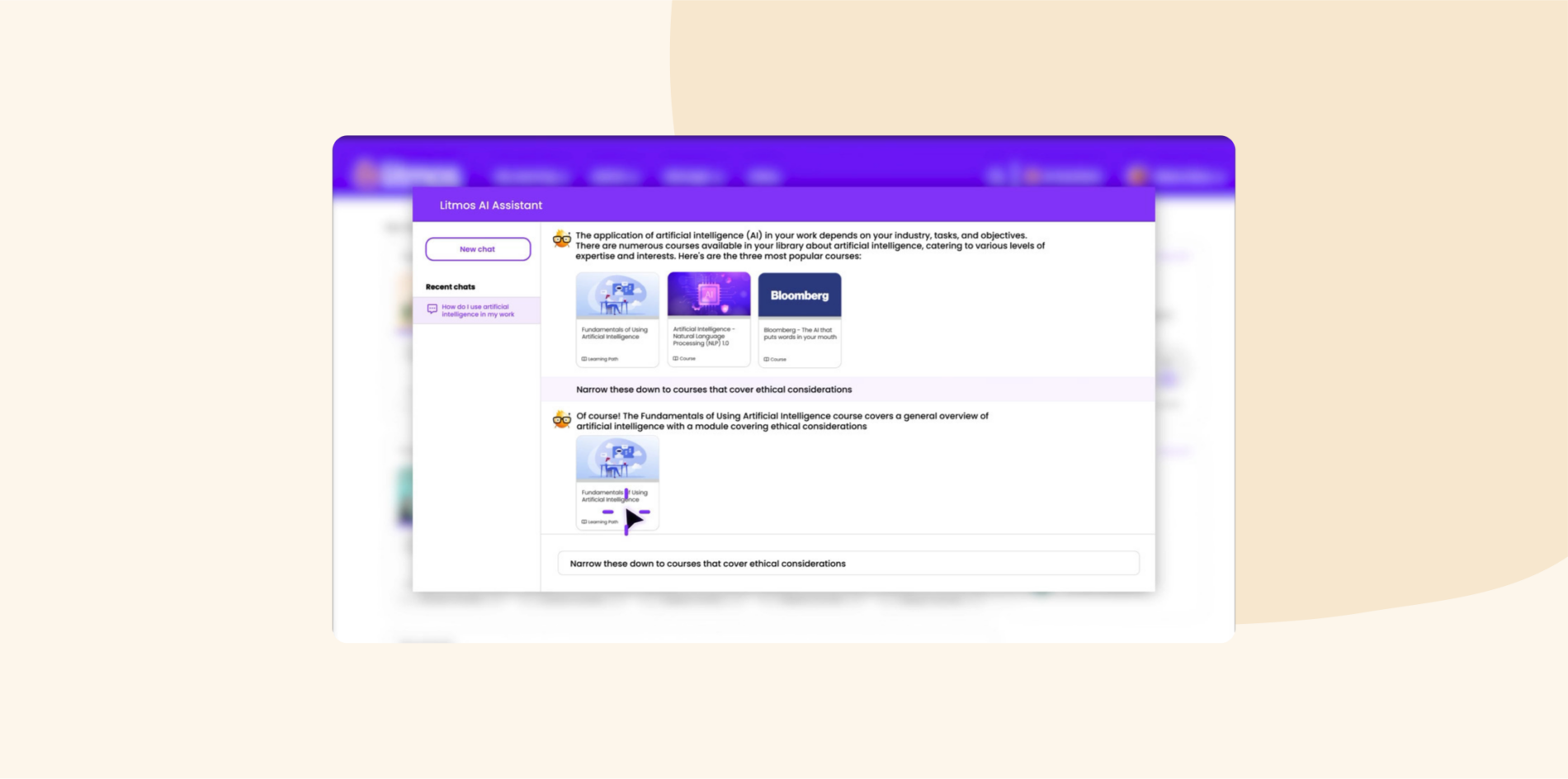 Litmos AI Assistant interface displaying AI-curated course suggestions related to artificial intelligence, with an emphasis on ethical considerations.