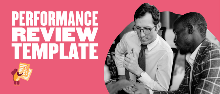 performance review template, two men discussing performance review with checklist on pink background