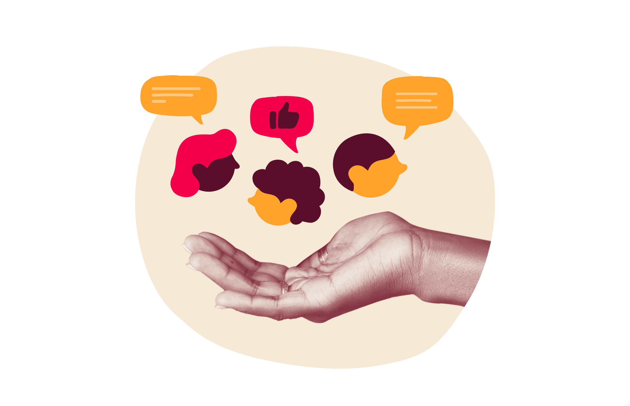 hand holding communication icons, diverse speech bubbles and faces symbolizing conversation and connection