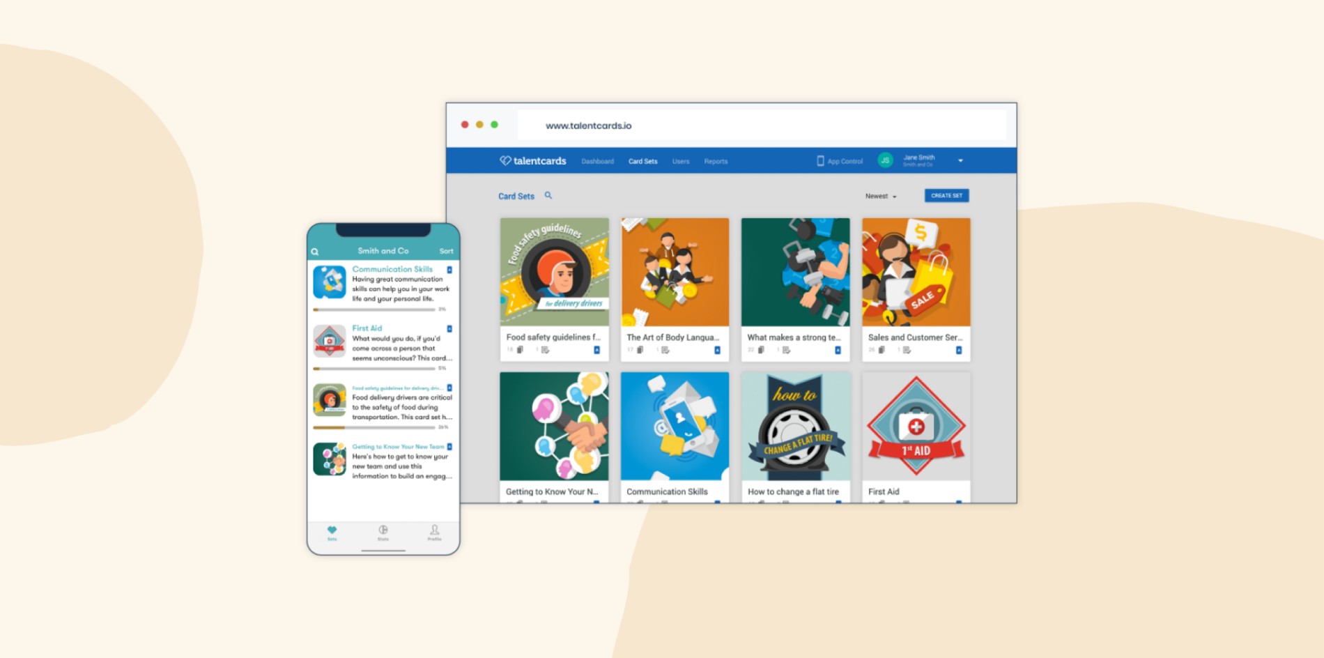 TalentCards learning platform shown on desktop and mobile, displaying a selection of colorful microlearning card sets covering topics like communication, first aid, and food safety.