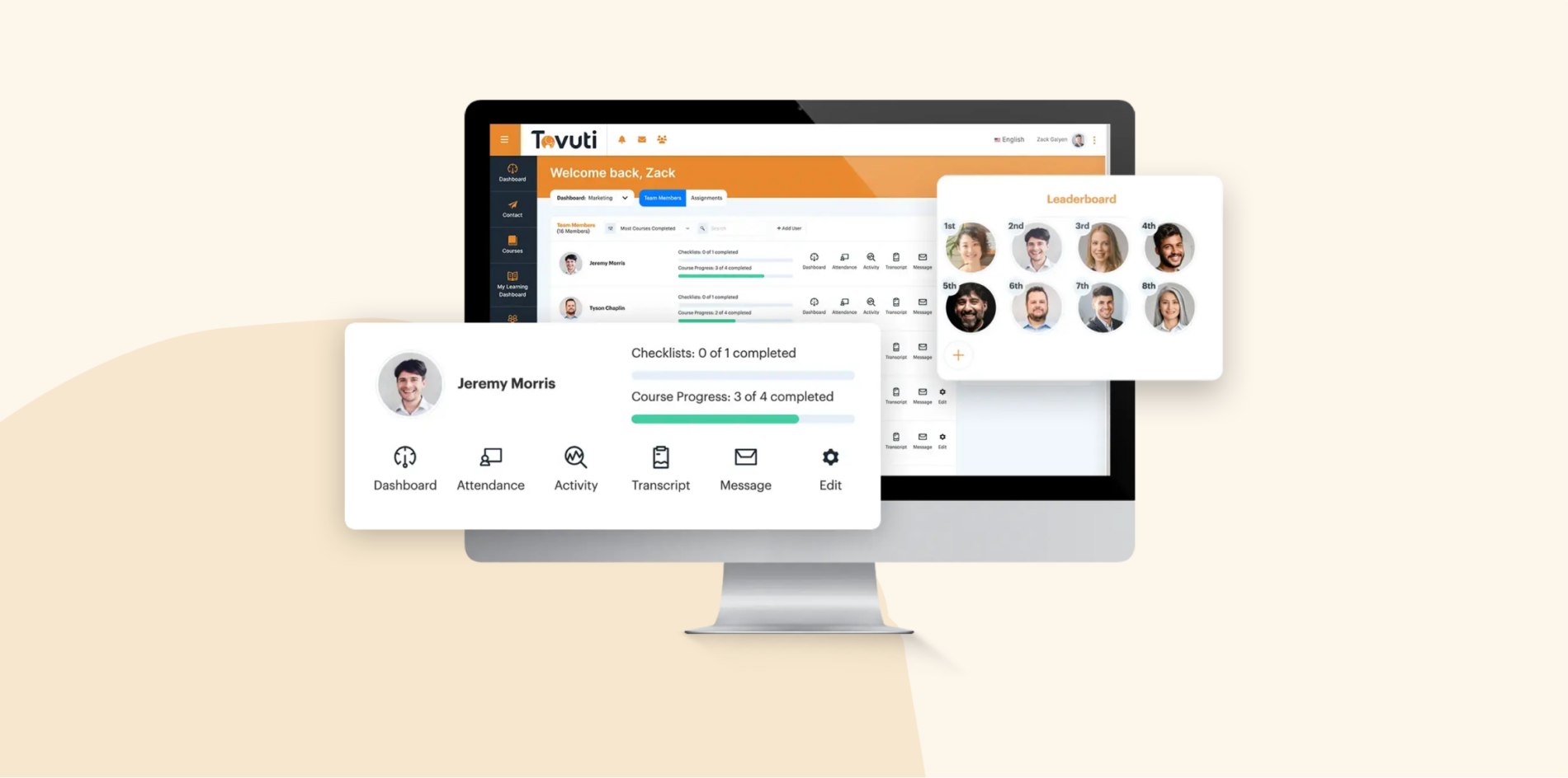 Tovuti LMS dashboard displayed on a desktop screen, showing user progress, checklists, and a leaderboard, with profile cards highlighting course activity and navigation options.