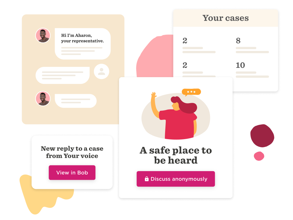 representative chat interface showcasing case updates and options for anonymous discussions, visual elements promoting user support and safety
