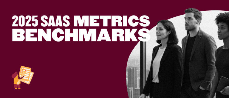 2025 SaaS metrics benchmarks featuring diverse professionals standing together in a modern office environment, business, SaaS