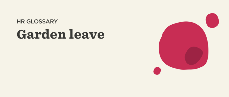 HR glossary defining "Garden leave" with decorative red shapes on a light background for an engaging design. alt1, alt2