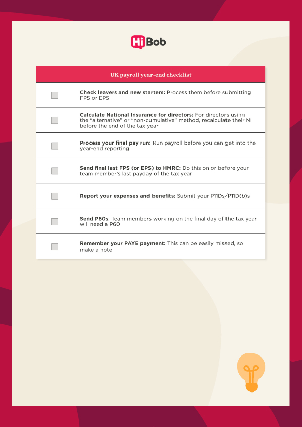 A screenshot of HiBob's UK payroll year-end checklist template