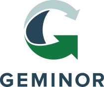 Geminor logo with blue and green arrows forming a stylized 'G' symbolizing sustainability and recycling. Modern design, Sustainability logo with green and blue colors emphasizing recycling and eco-friendliness.