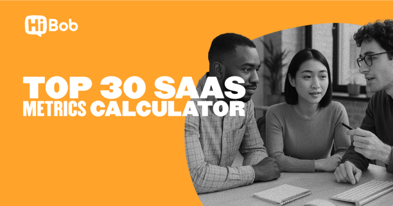 HiBob, Top 30 SaaS Metrics Calculator, diverse team discussing finance strategies in a bright office setting.