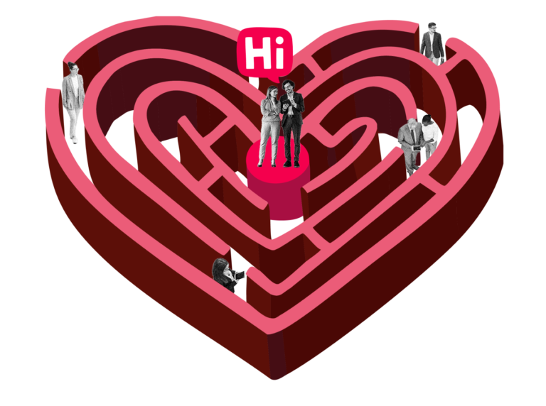 heart-shaped maze, diverse people interacting in the center with a speech bubble saying "Hi"