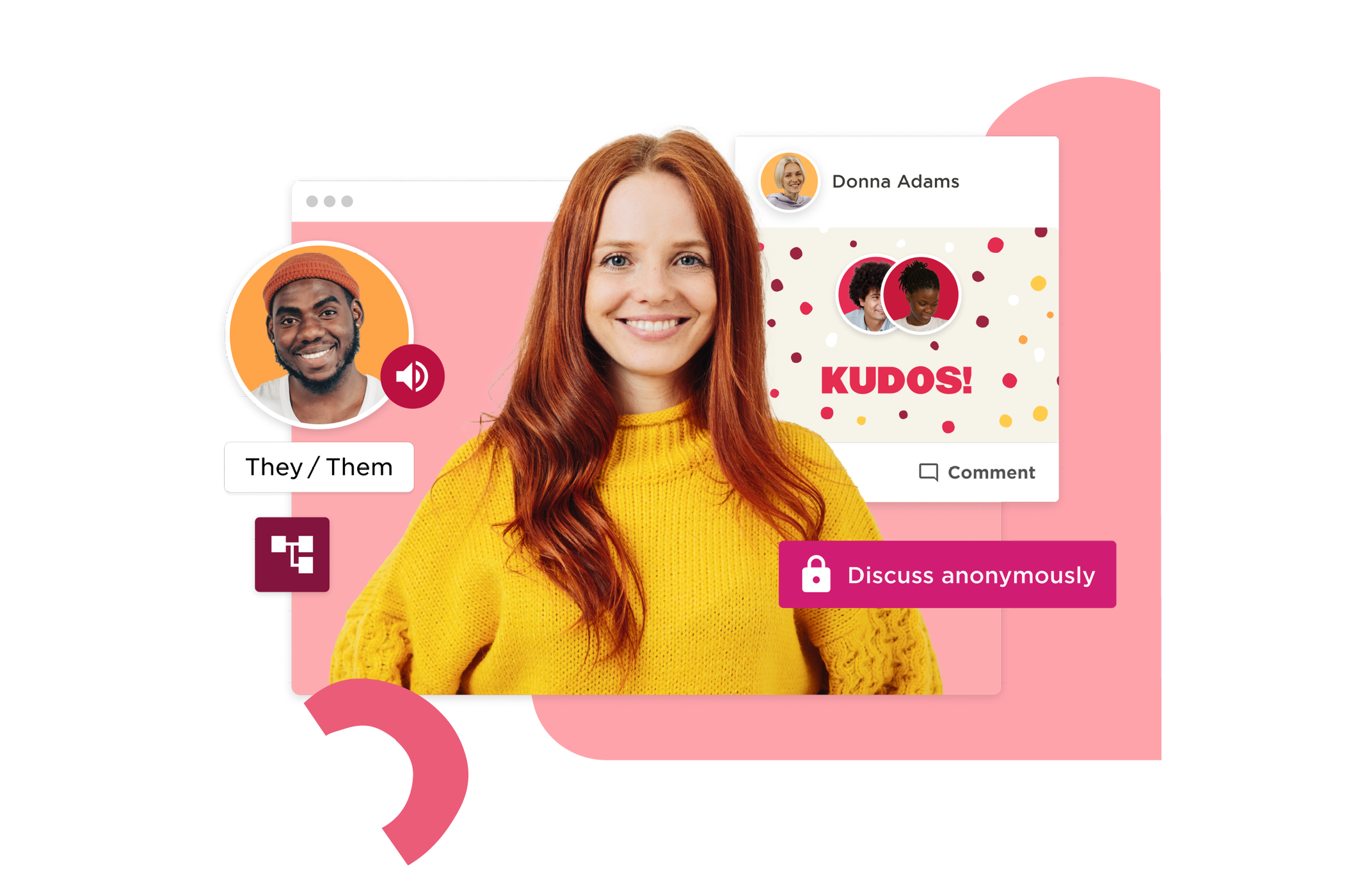 smiling woman in a yellow sweater, online chat elements, diverse communication, explore anonymous discussions, kudos message, profile images