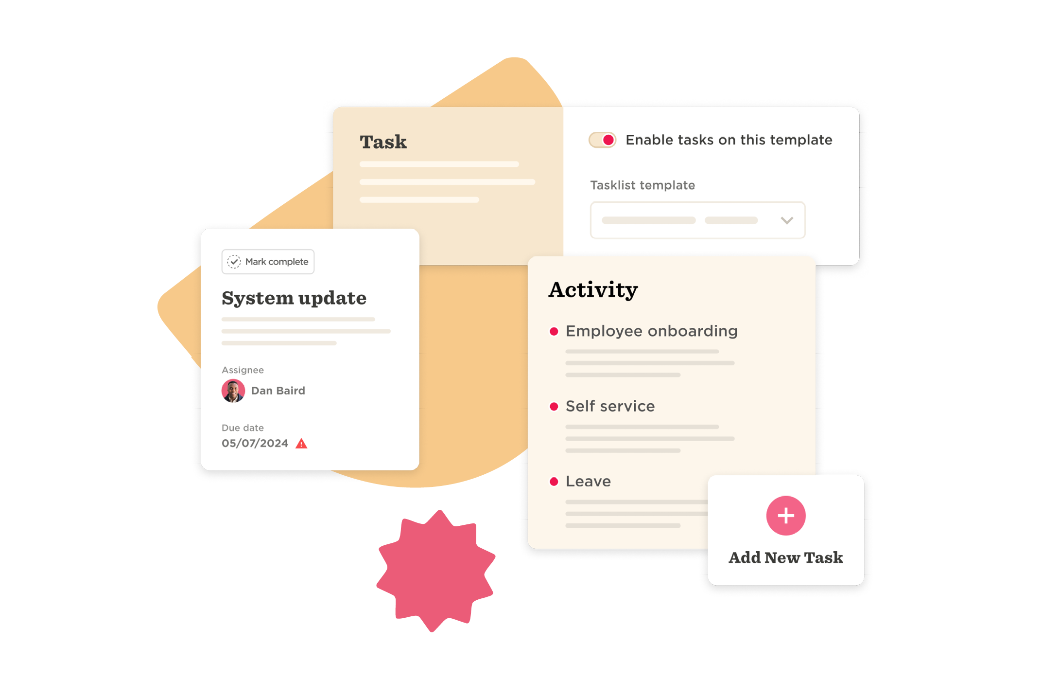 task management interface, to-do list with due dates and activity options for team collaboration