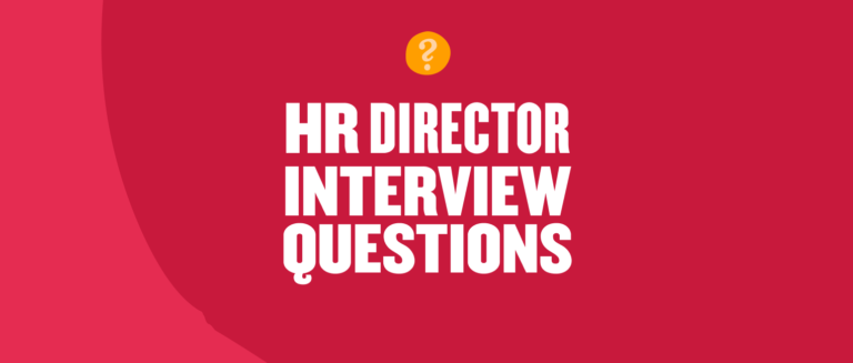 HR Director interview questions on a vibrant red background with a question mark graphic, emphasizing essential preparation tips. HR, interview questions
