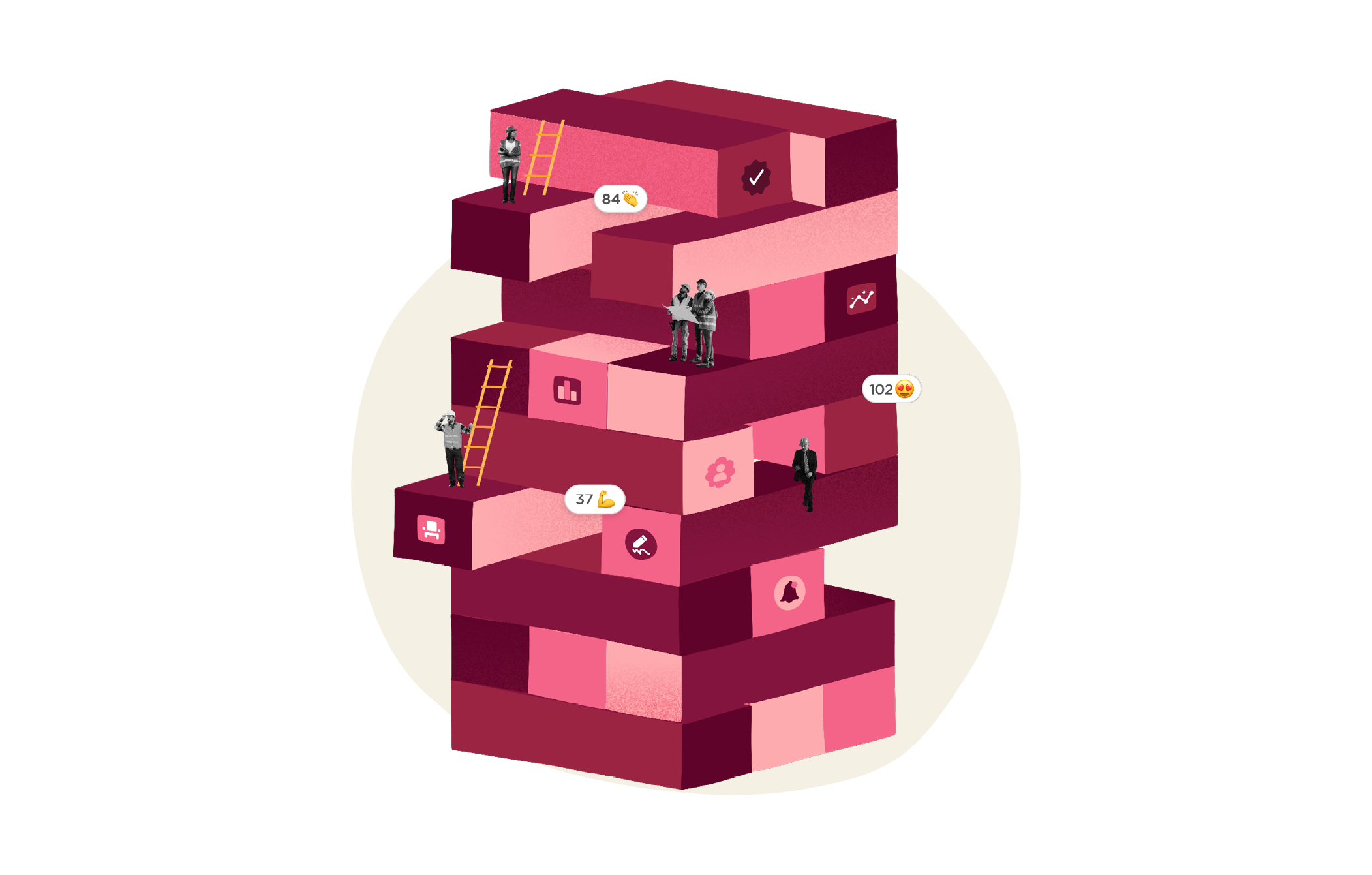 layers of blocks, people interacting, stats showing progress, and a ladder illustrating growth and collaboration, conceptual illustration of teamwork and data metrics in an abstract environment