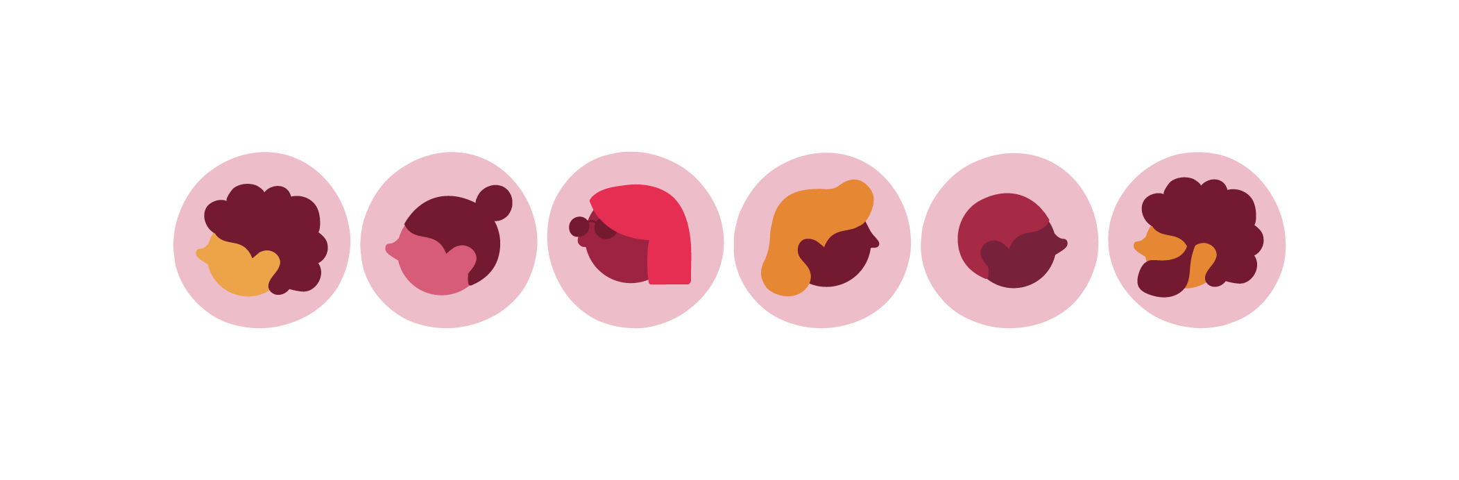 stylized diverse faces in circular frames, showcasing various hairstyles and colors on a pink background, colorful hair illustrations