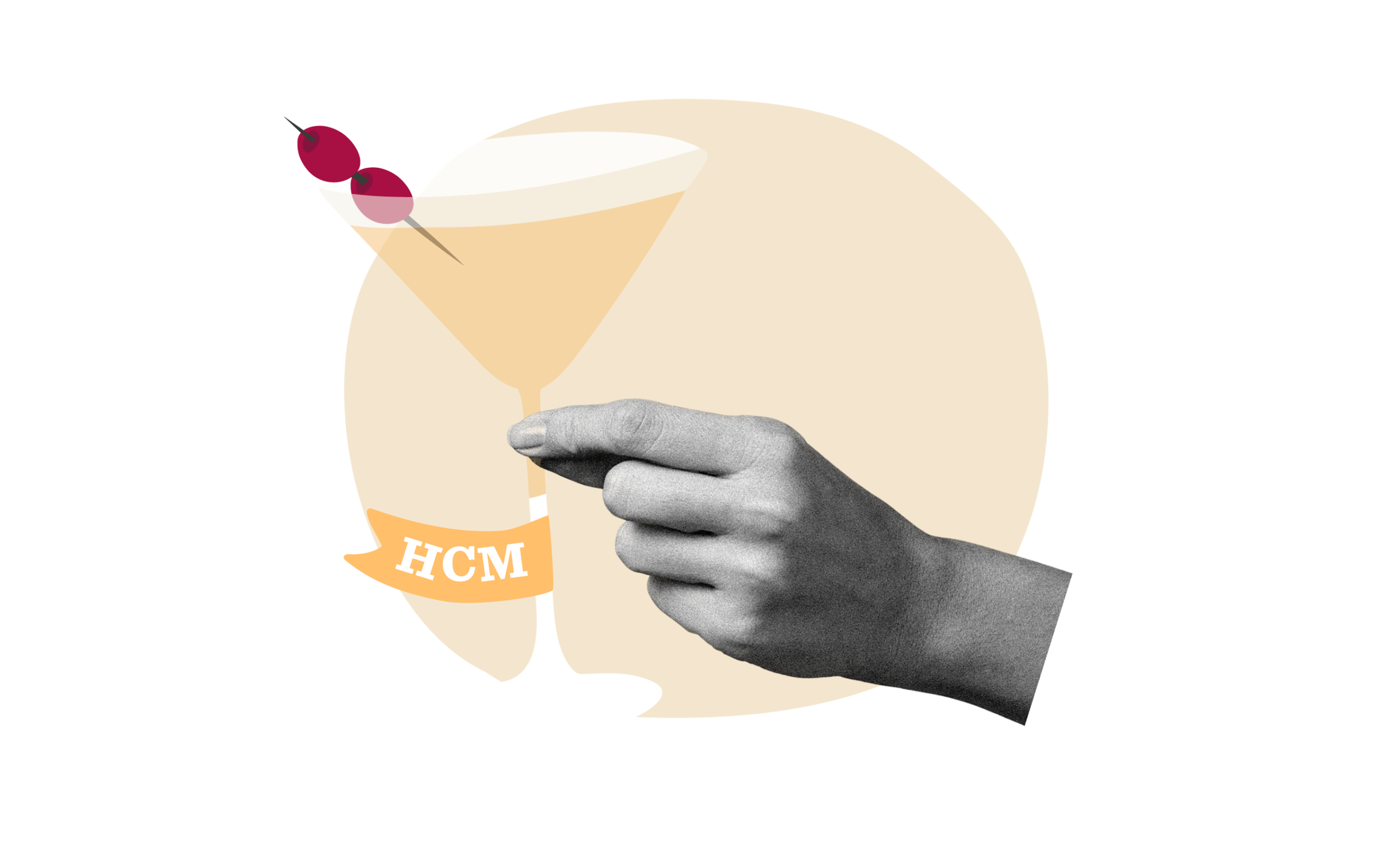cocktail glass with hand holding drink, cherry garnish, HCM ribbon, light background, creative cocktail illustration design