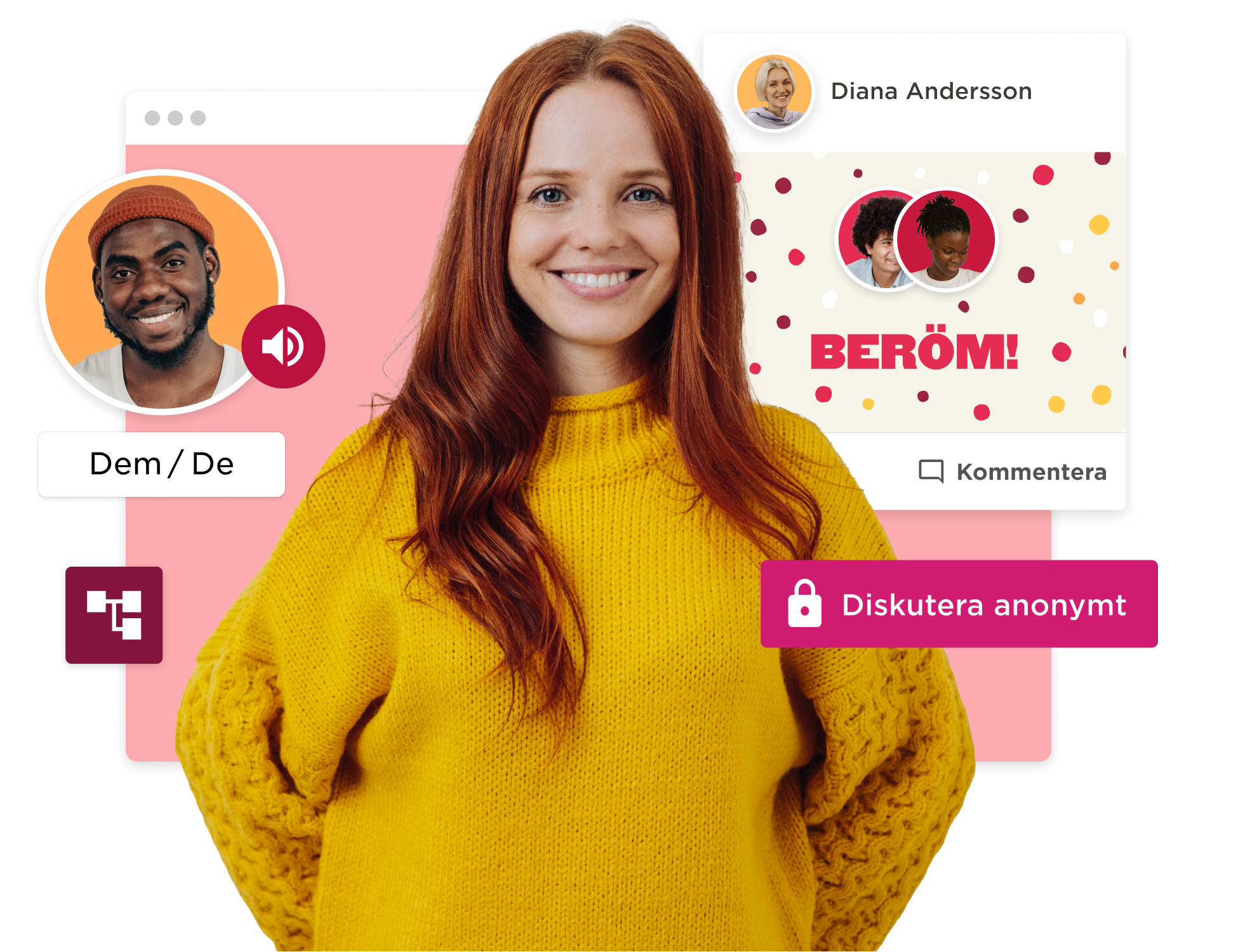 smiling woman in yellow sweater, chat interface with audio symbol and user profiles, promotes anonymous discussion, vibrant design, engaging communication elements
