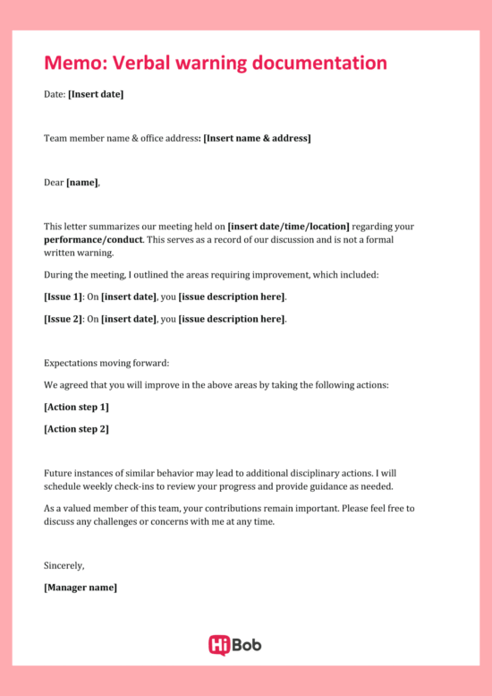 A screenshot of HiBob's verbal warning documentation examples