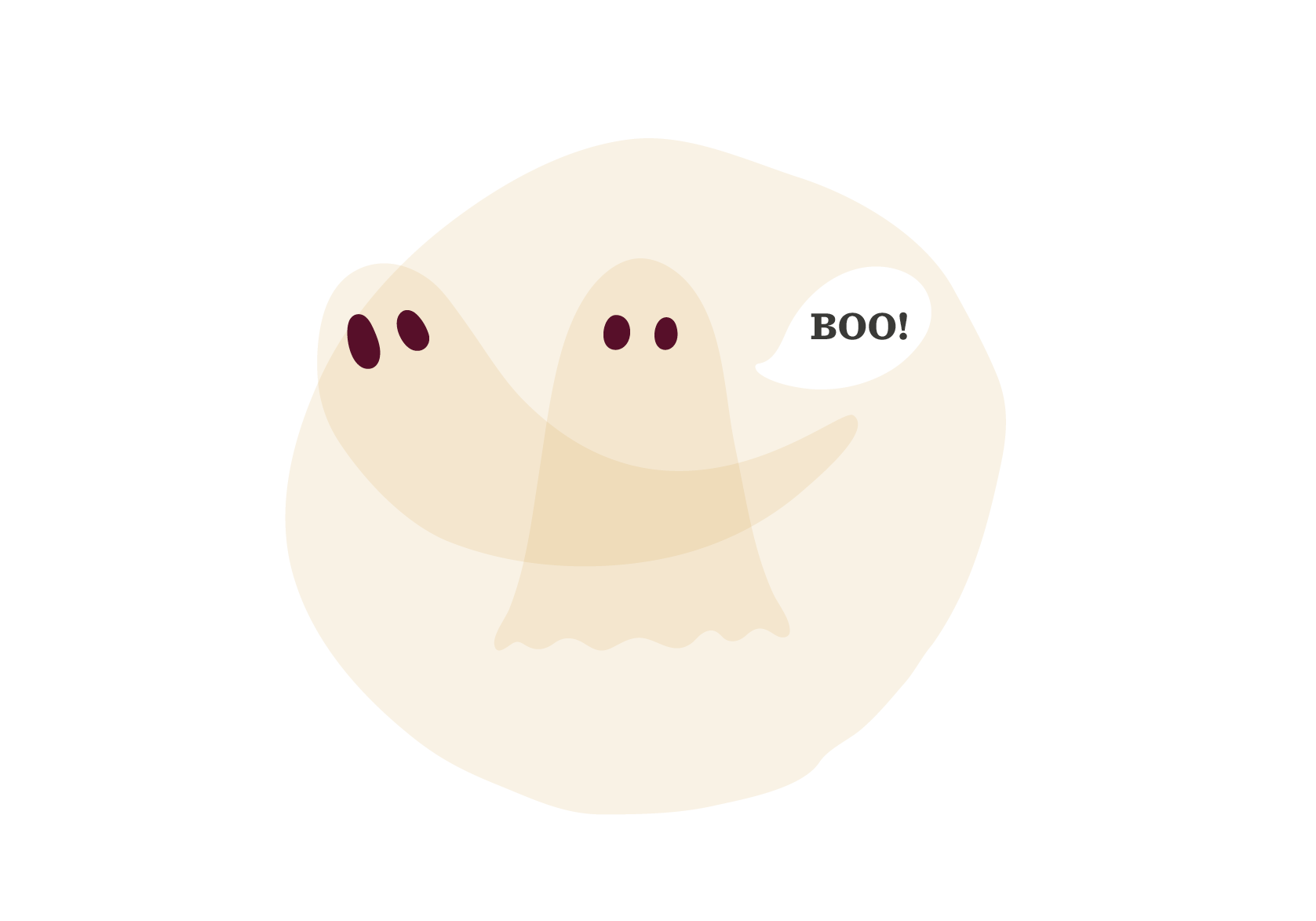 ghost cartoon, text bubble saying "BOO!"