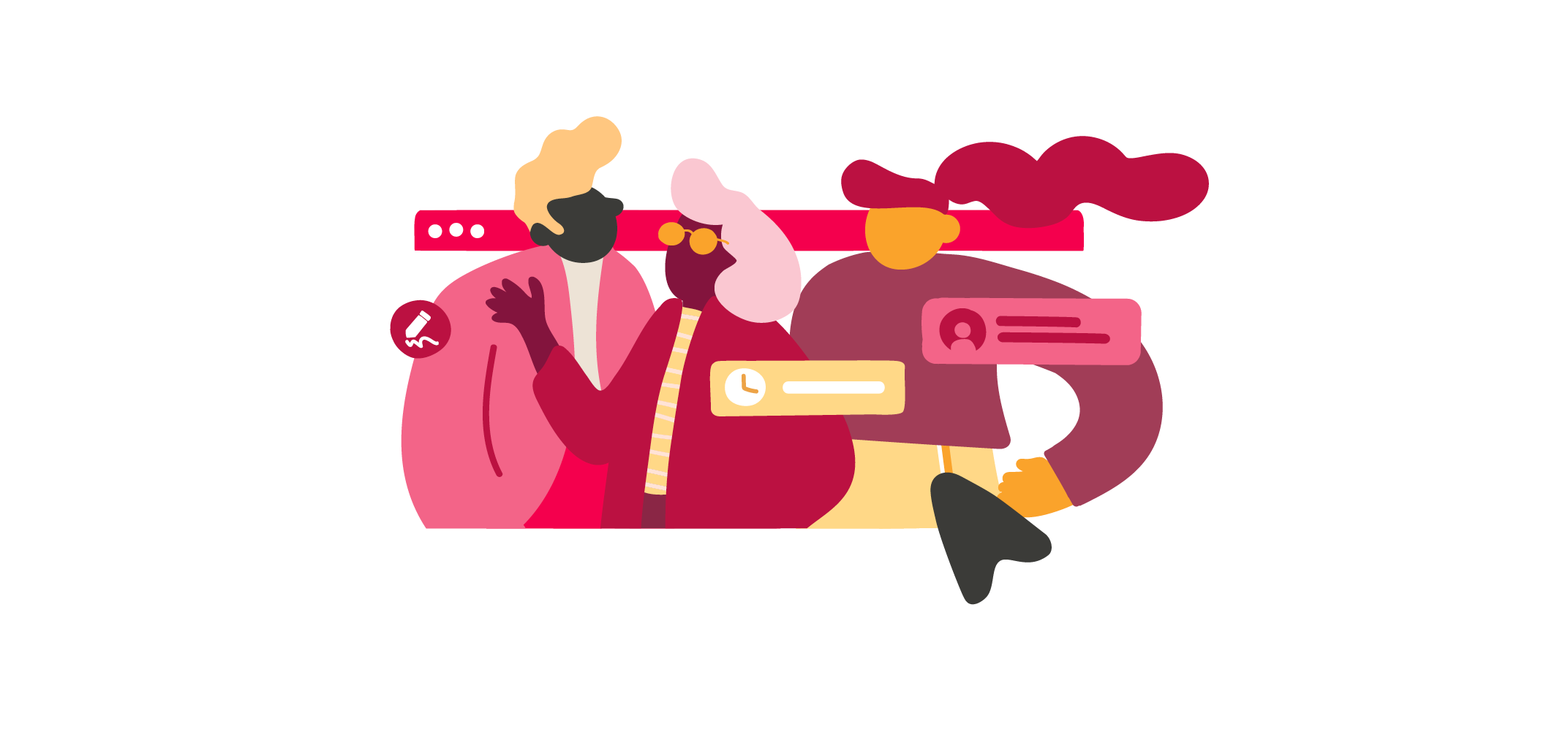 abstract illustration of diverse people interacting with chat bubbles and icons, signifying communication and collaboration, colorful graphic design showcasing online engagement and social connection