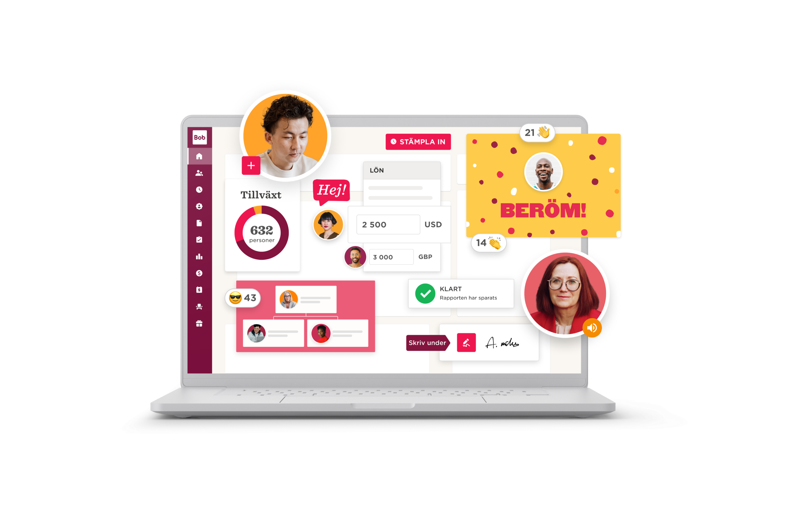 laptop interface displaying user stats, feedback icons, and personal avatars; vibrant colors enhance user engagement, user dashboard with growth metrics, financial information, and prompts for interaction