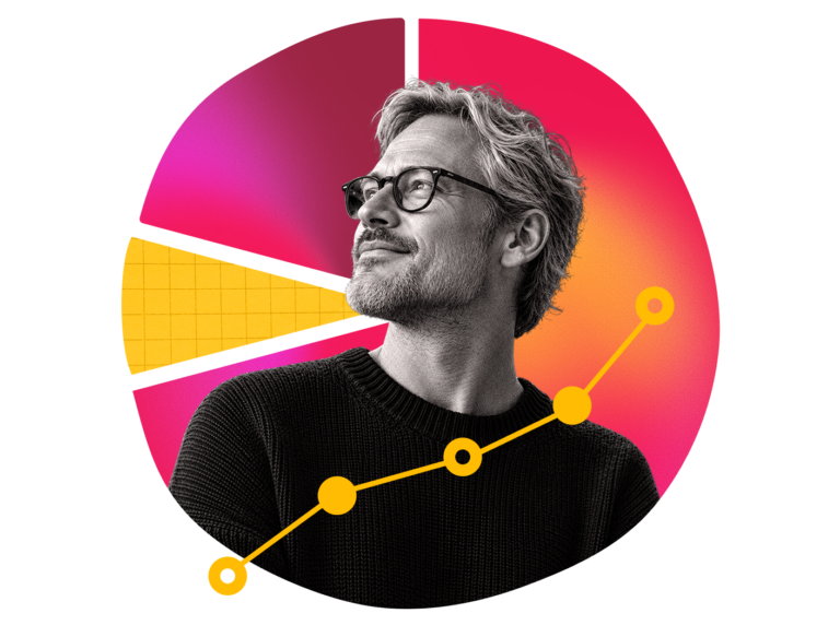 man with glasses, optimistic expression, surrounded by vibrant colors, pie chart, and growth graph elements, business, infographic, analysis