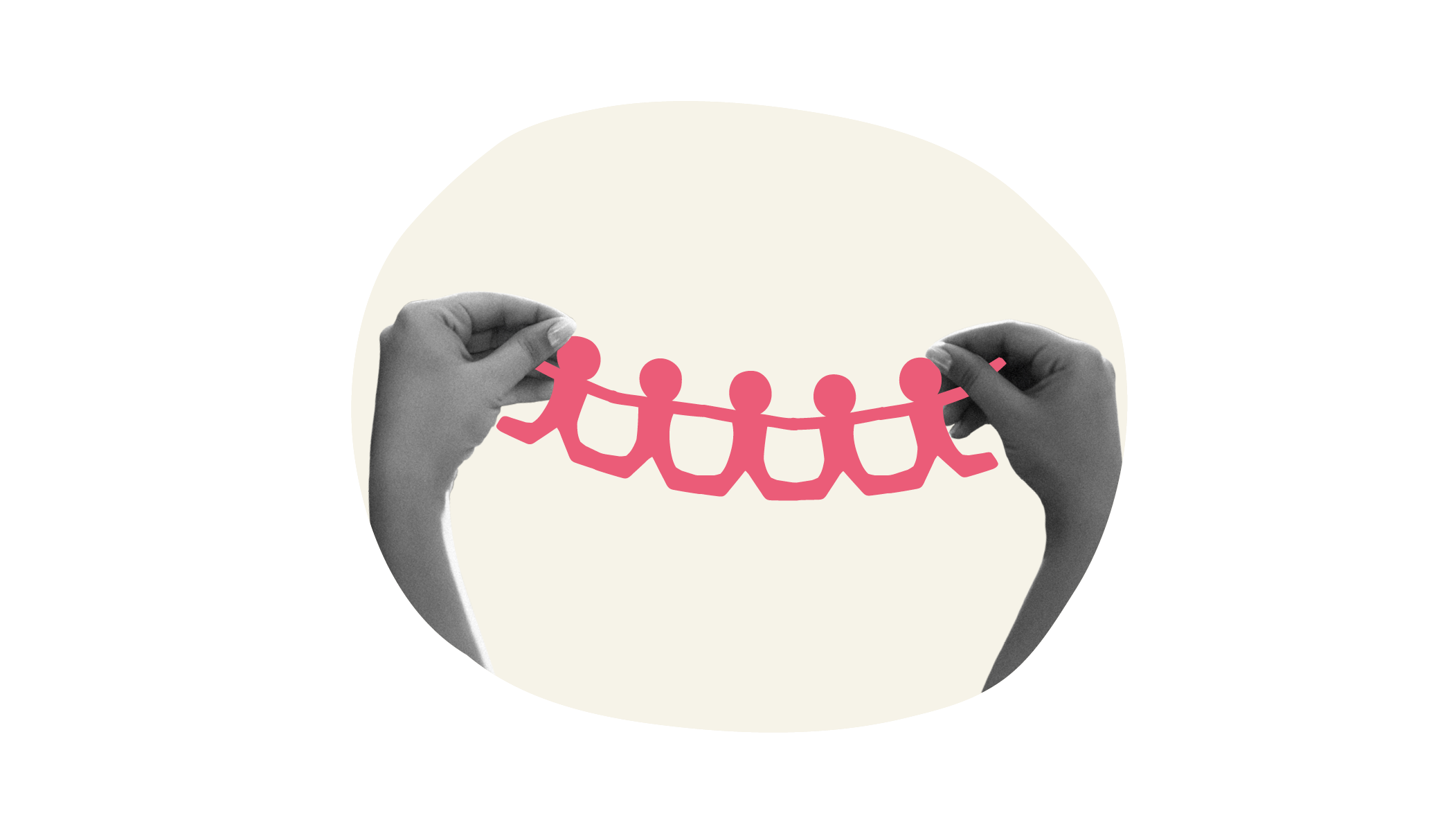 pink paper chain figures held by hands, hands holding paper cutouts on a light background representing unity and connection