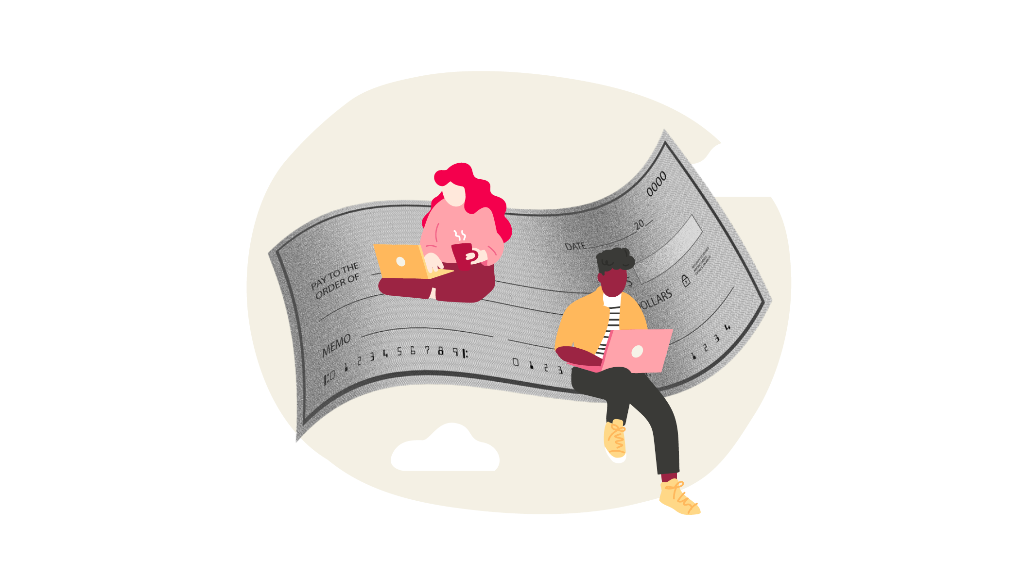 cheque with two people working on laptops, illustration of remote work and finance management