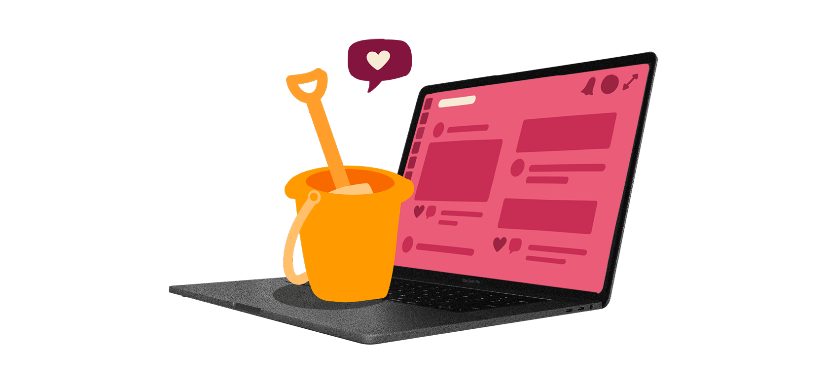 laptop with pink social media interface and orange bucket & shovel, symbolizing digital creativity and exploration, digital creativity, social media interaction