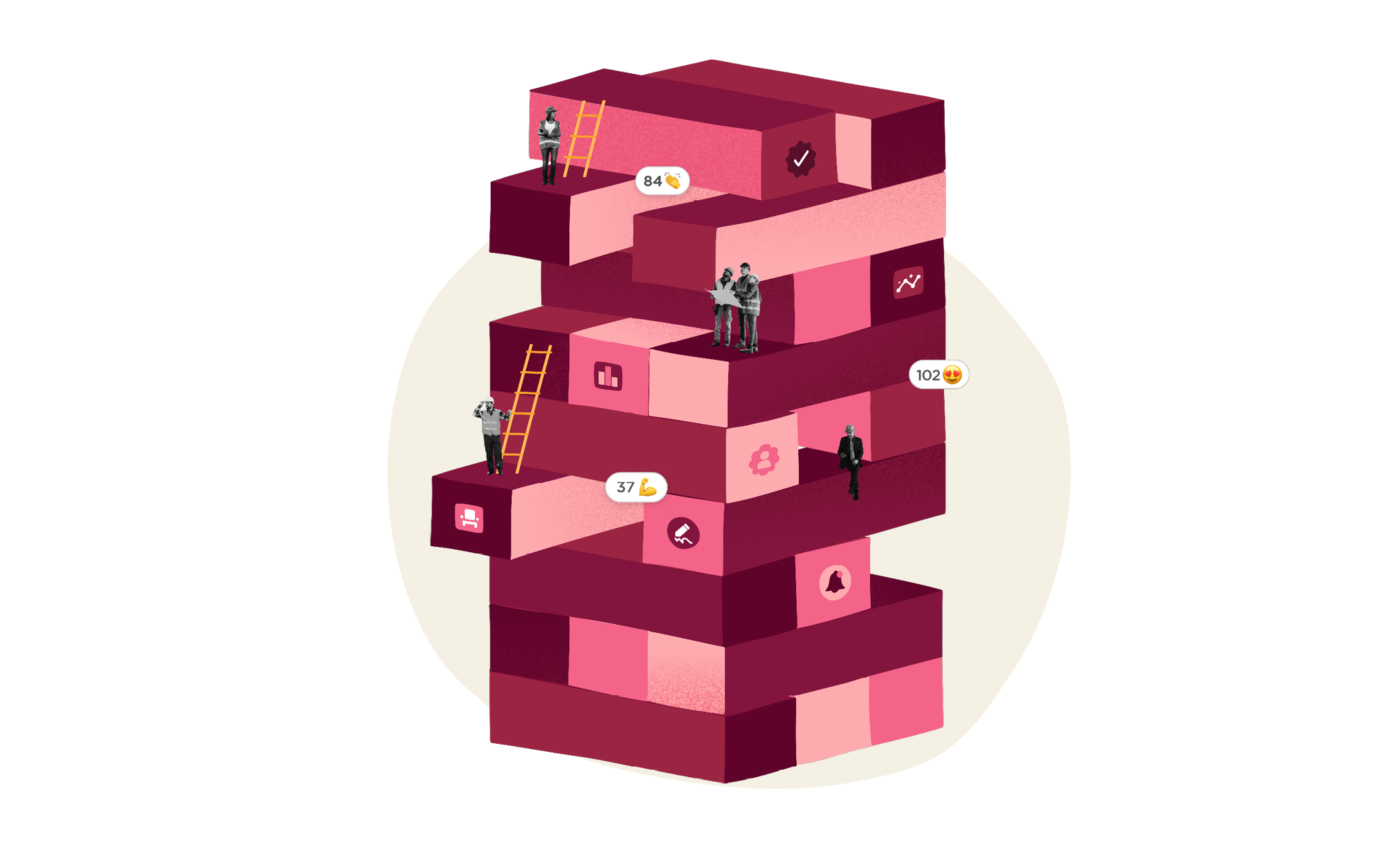 visual representation of success metrics with people scaling colorful blocks, illustration depicting data analysis with ladders and figures