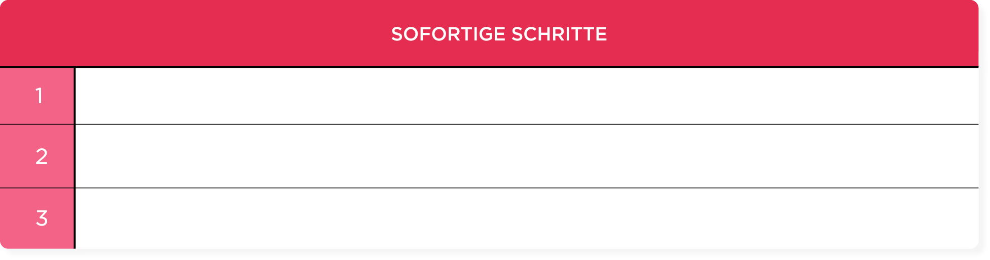 Sofortige Schritte table with three rows for quick actionable items in a clean, minimalist design., SofortigeSchritte, ActionableItemsTable