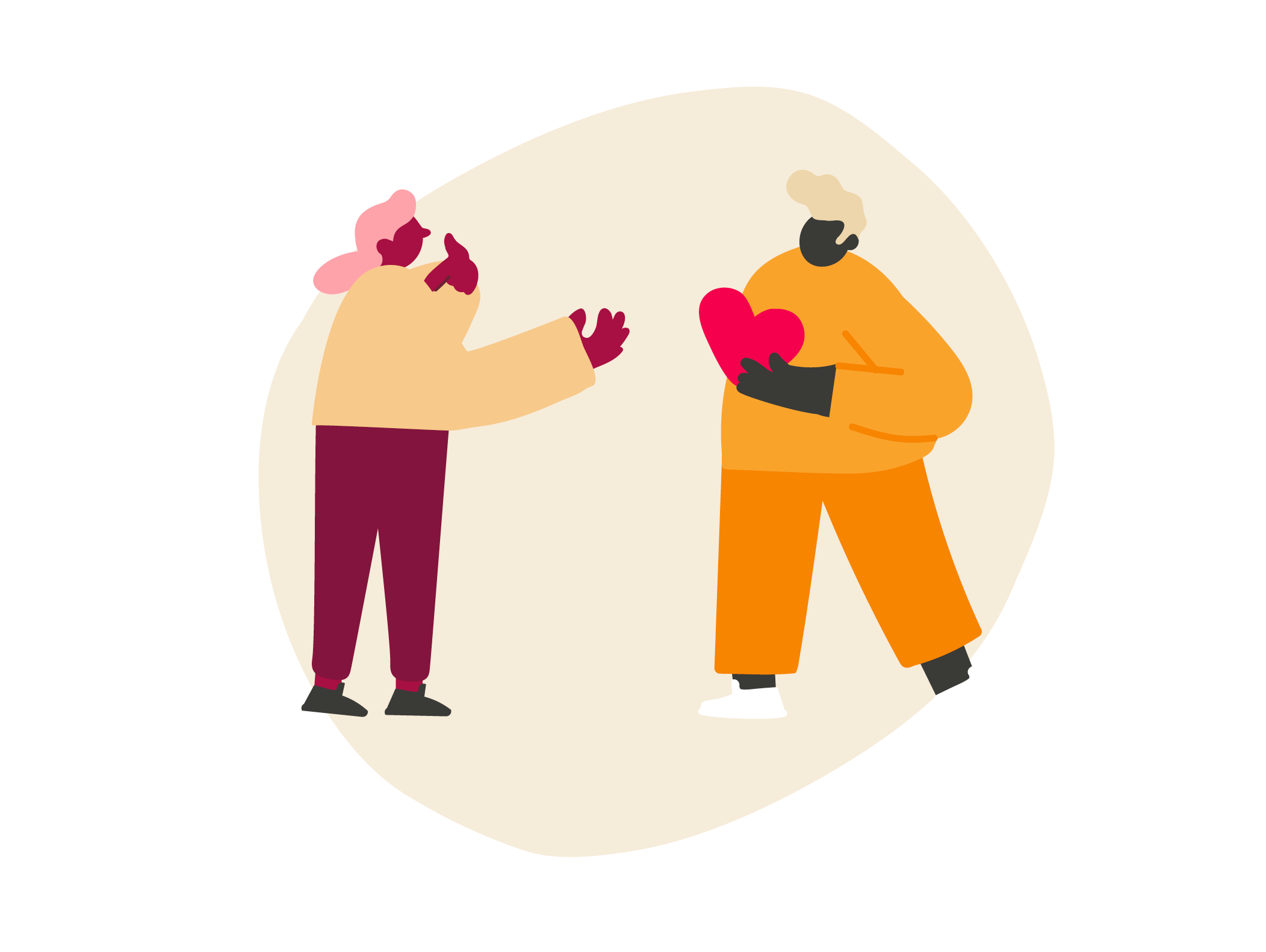 people exchanging hearts, illustration of connection and emotional support between two characters