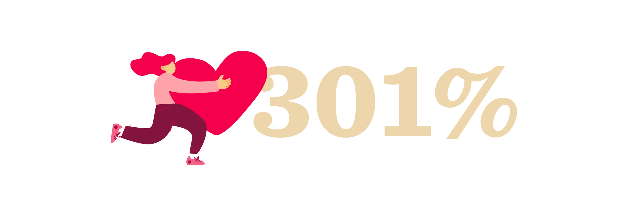 person embracing a large heart with the text "301%" emphasizing love and positivity, illustration expressing enthusiasm and growth