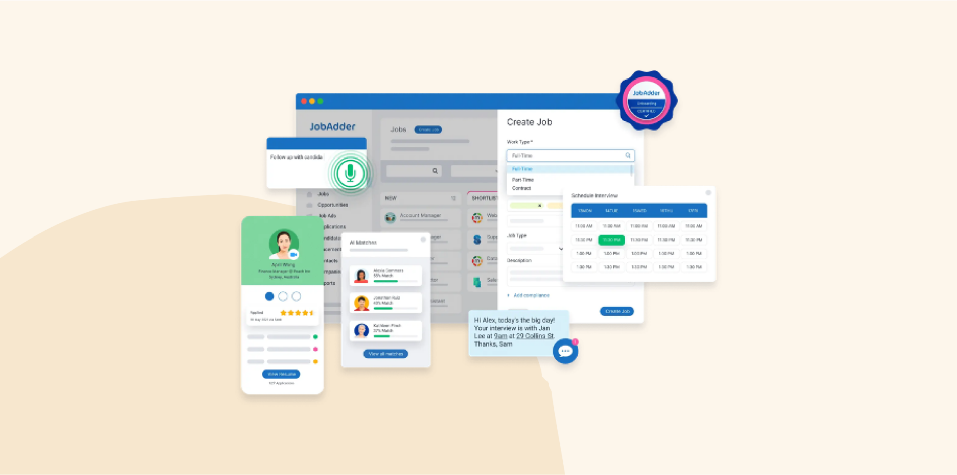 job management interface, candidate profile and scheduling features