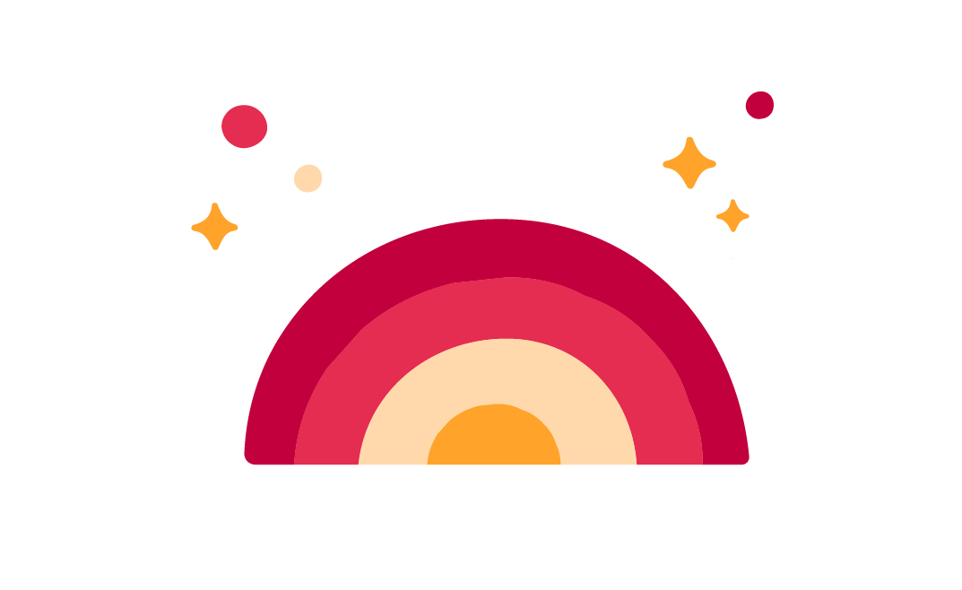 rainbow arch graphic with vibrant pink, orange, and yellow hues, adorned with stars and circles, colorful rainbow design with stars and circles