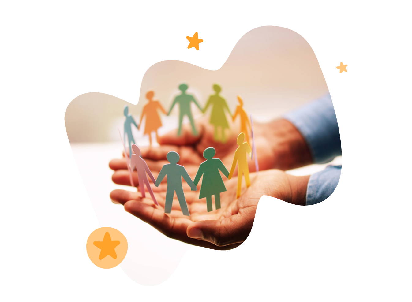 hands holding colorful paper figures representing unity and community, surrounded by a soft background blur, community, unity