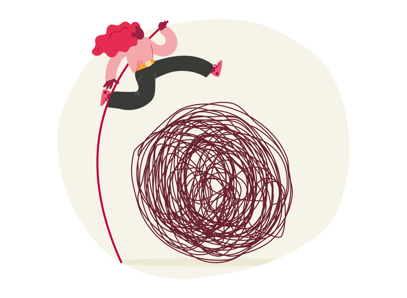 jumping person with red hair leaping over tangled lines, illustration depicting overcoming obstacles with energy and confidence