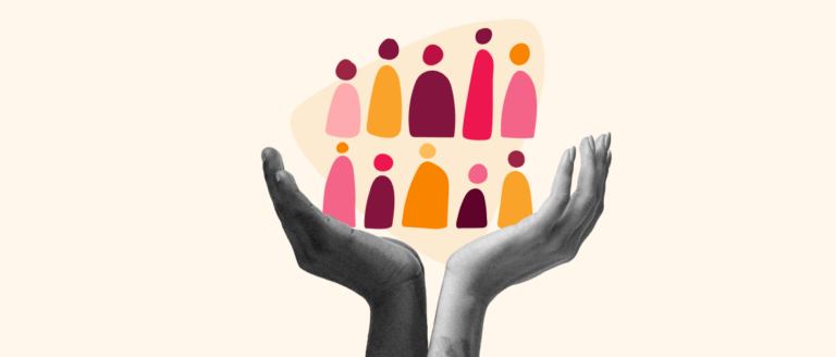 hands supporting stylized figures, representing community and connection, with a soft background for emphasis, community, support