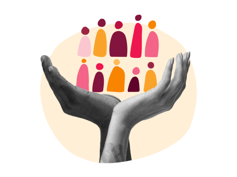 hands holding diverse figures, colorful community representation in supportive hands
