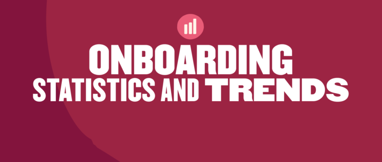 Onboarding statistics and trends in bold text with a pink graph icon, set against a deep red background. , onboarding, statisticsandtrends