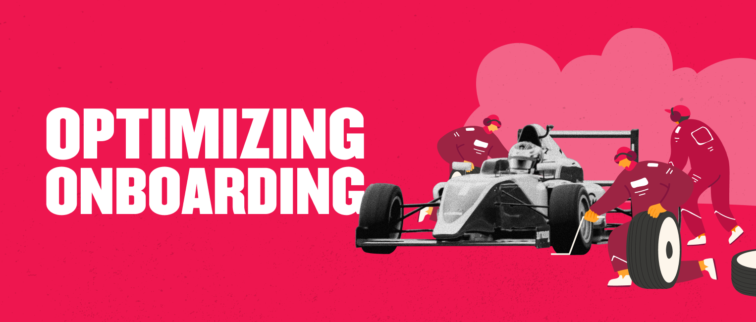 optimizing onboarding, race car mechanics teamwork, visual graphics bold colors