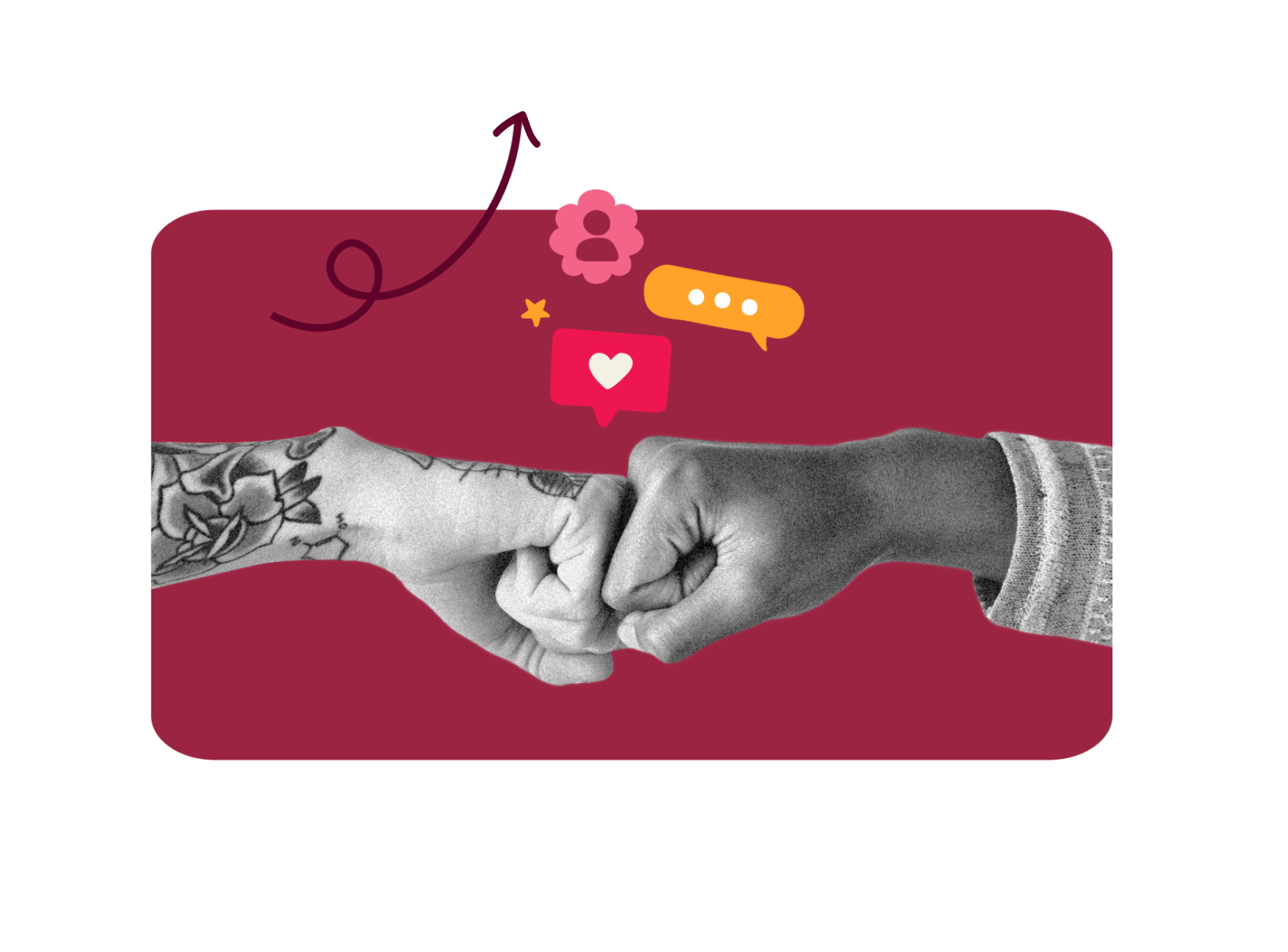 fist bump, hands with tattoos and symbols on vibrant background