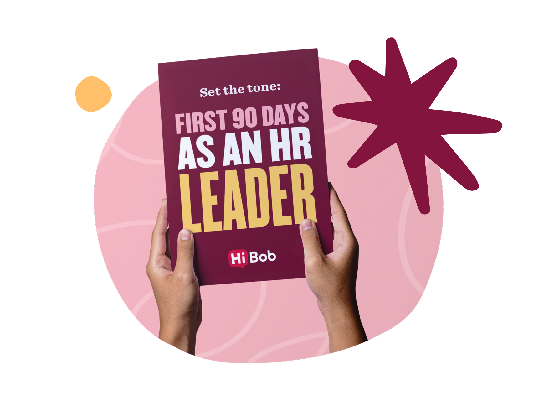 hands holding a book titled "First 90 Days as an HR Leader" on a colorful background, styled background with dynamic shapes highlighting HR concepts