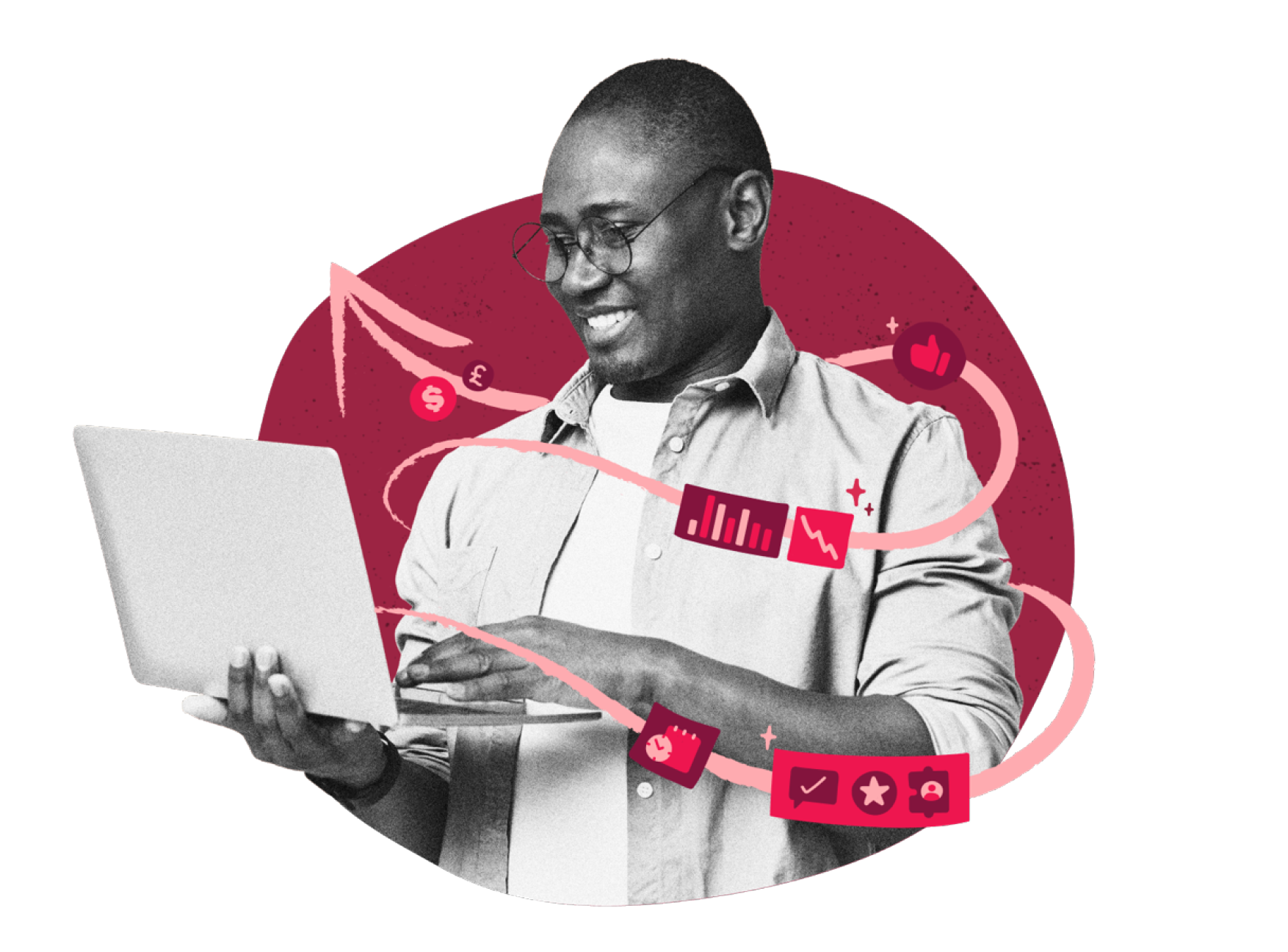 man using laptop with data graphics and social media icons on a vibrant backdrop, digital engagement and analytics illustration