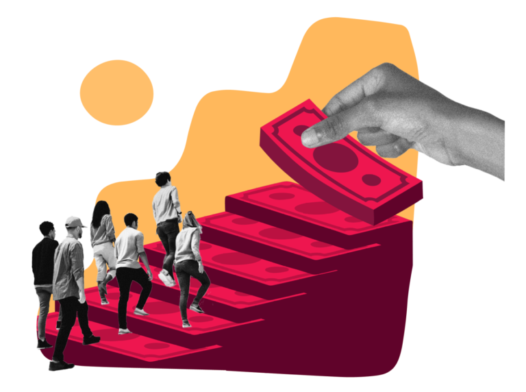 people ascending steps made of cash, with a hand adding more money on top, symbolizing financial growth and success, financial success growth steps