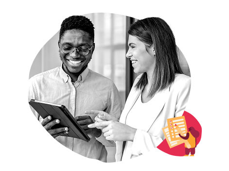 smiling diverse professionals engaging with a tablet, collaborative discussion in a bright, modern workspace