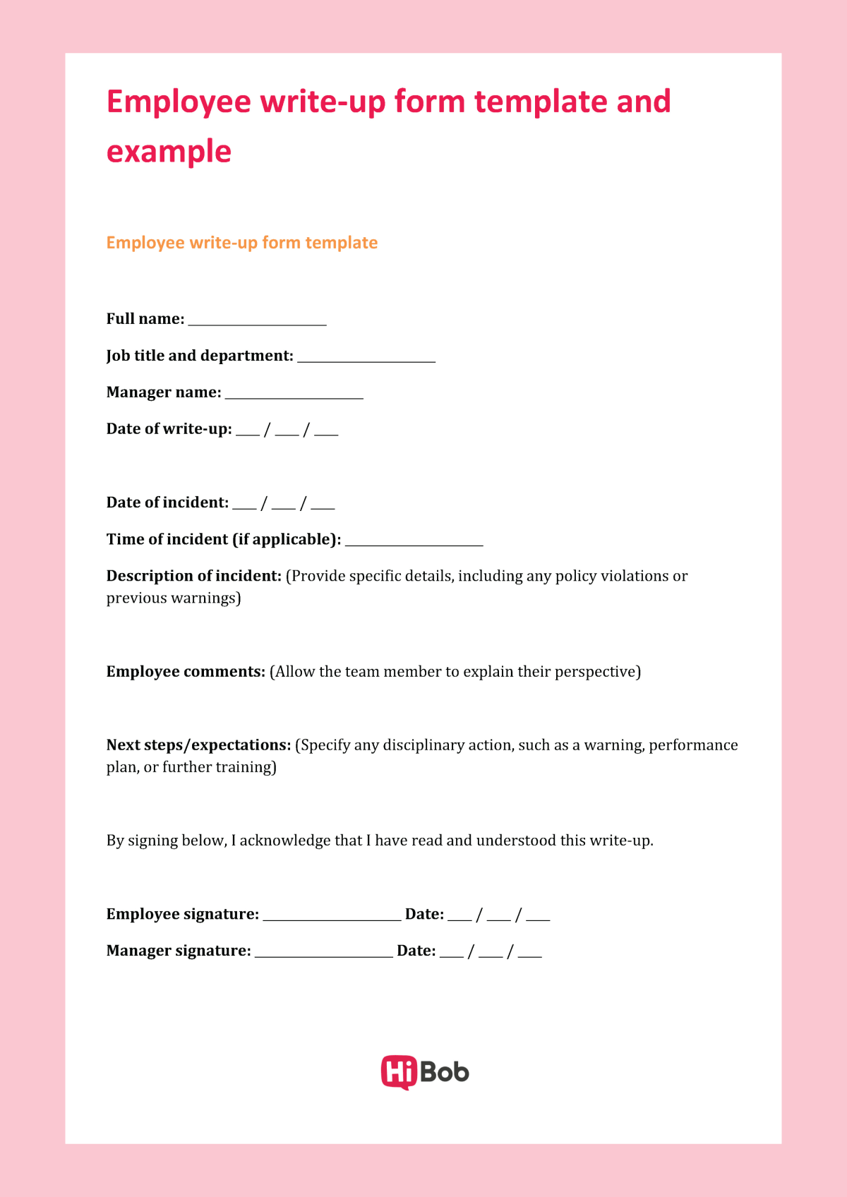 A screenshot of HiBob's employee write-up form template