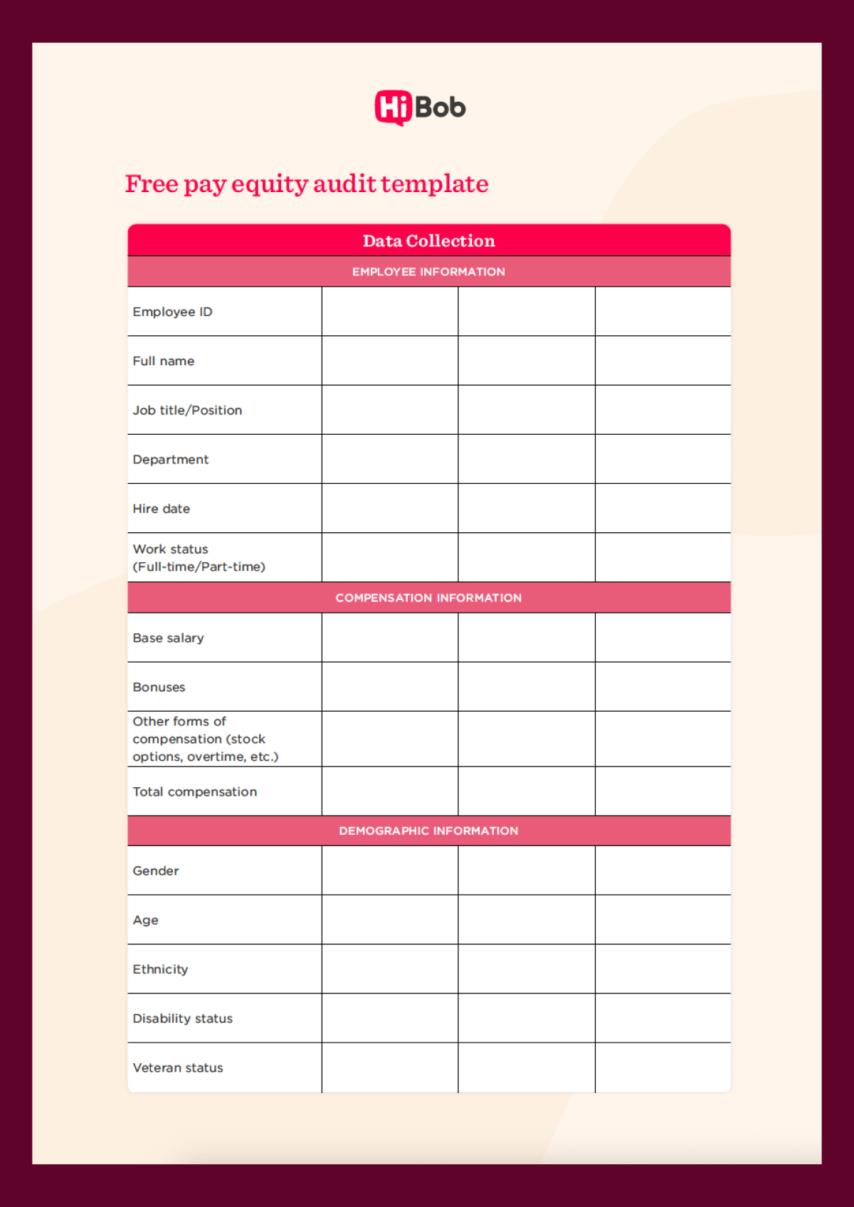 A screenshot of HiBob's free pay equity audit template