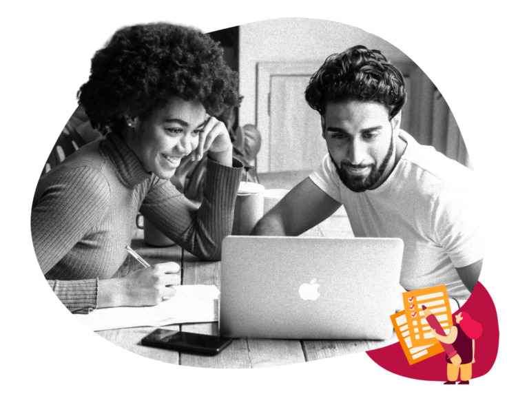 young-woman-smiling-takes-notes-while-young-man-works-on-laptop, collaborative-working-environment-modern-office-setting
