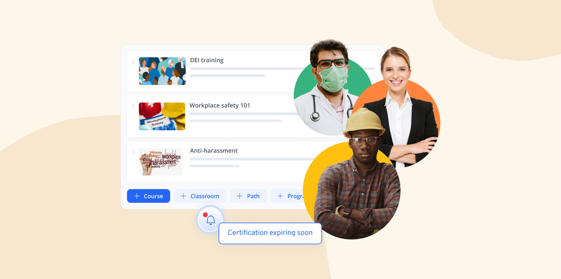DEI, safety, and anti-harassment training courses; diverse professionals highlighted with a notification for certification expiry., training, diversity